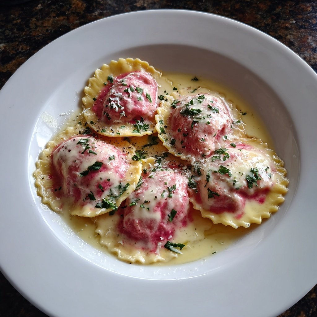 Pink Beet Ravioli in Butter Sage Sauce