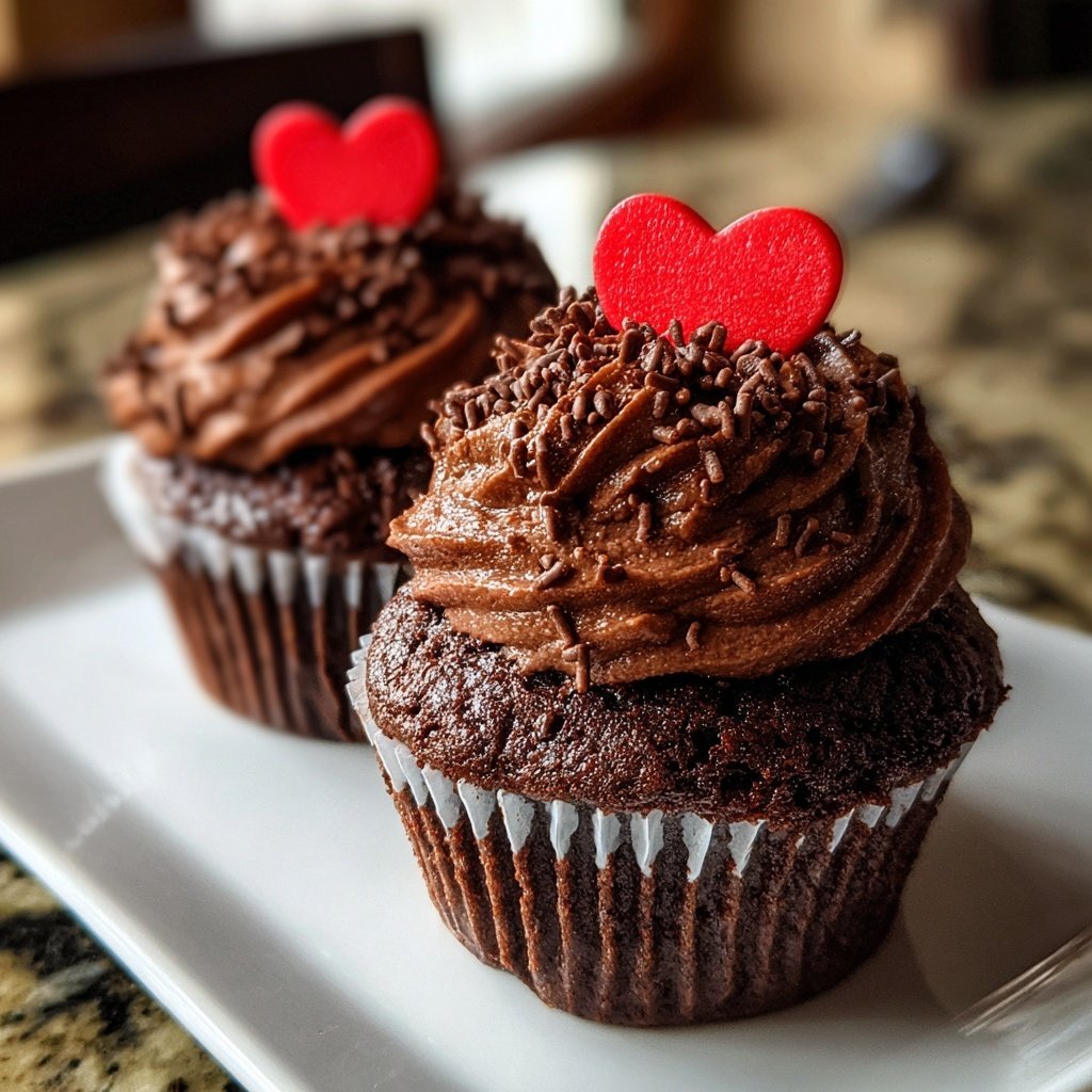 Chocolate Cupcakes with Heart Toppers
